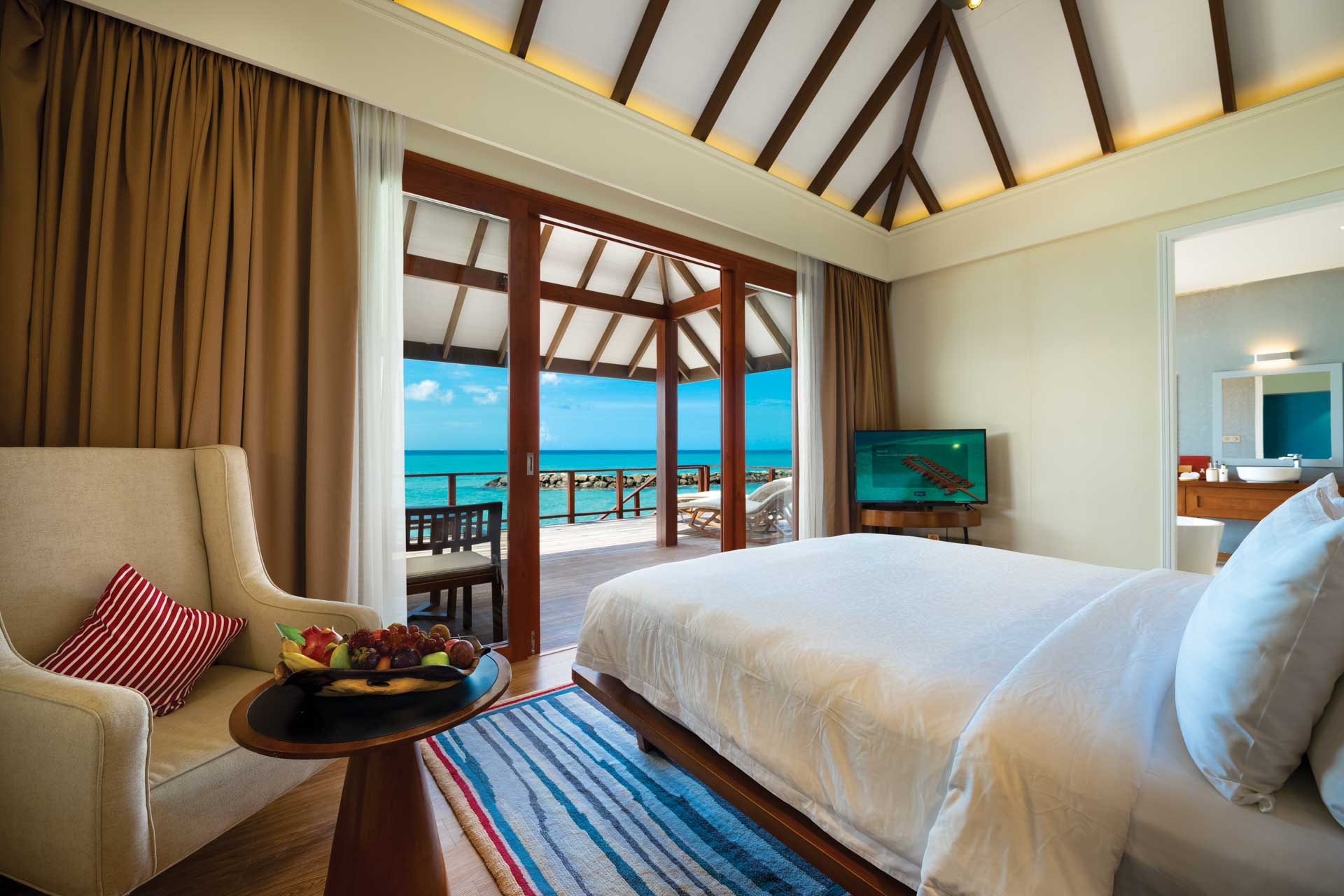 Interior of a luxurious, minimal villa at Varu Maldives